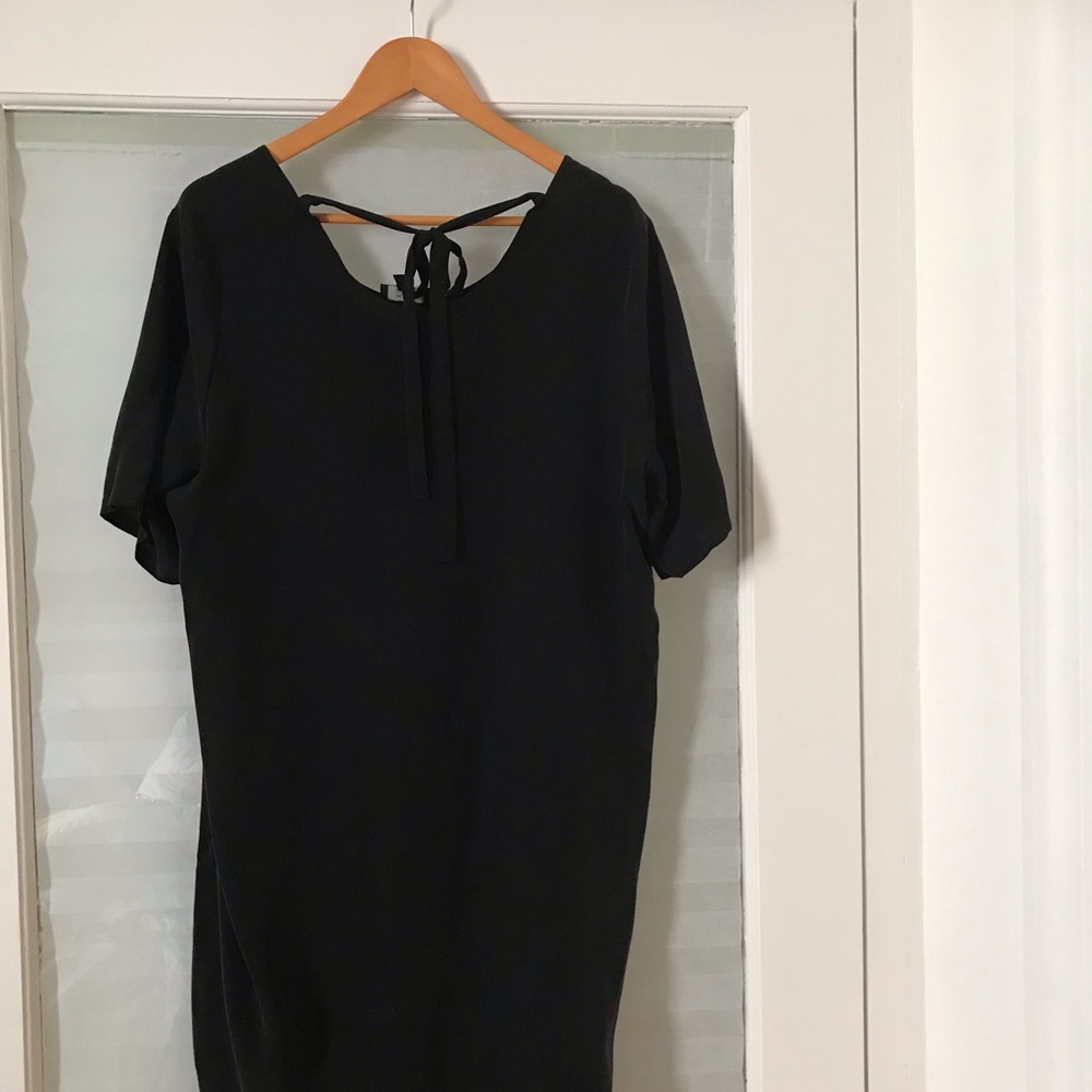 Charcoal Black 100% Silk Dress w/ tie front collar